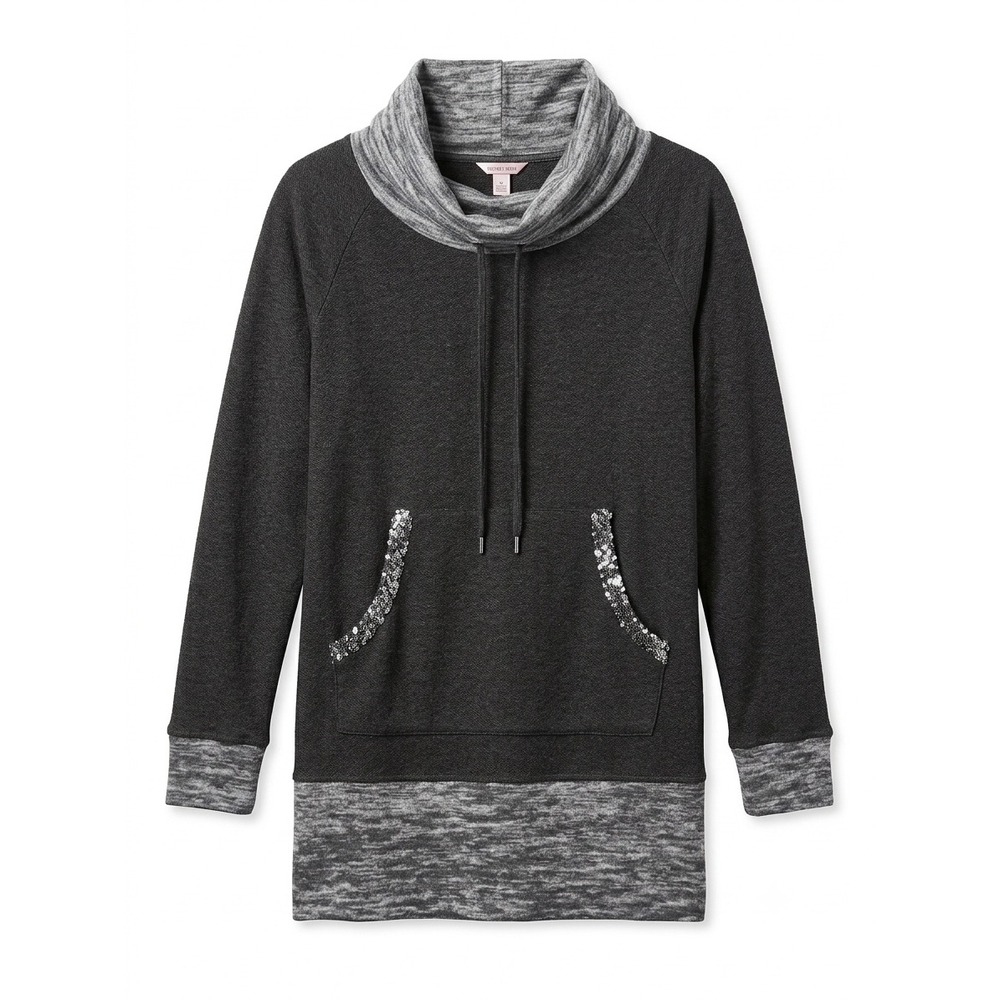 Juicy Couture Cowl Neck Sequin Pocket Sweatshirt Gray Thumbholes Small
